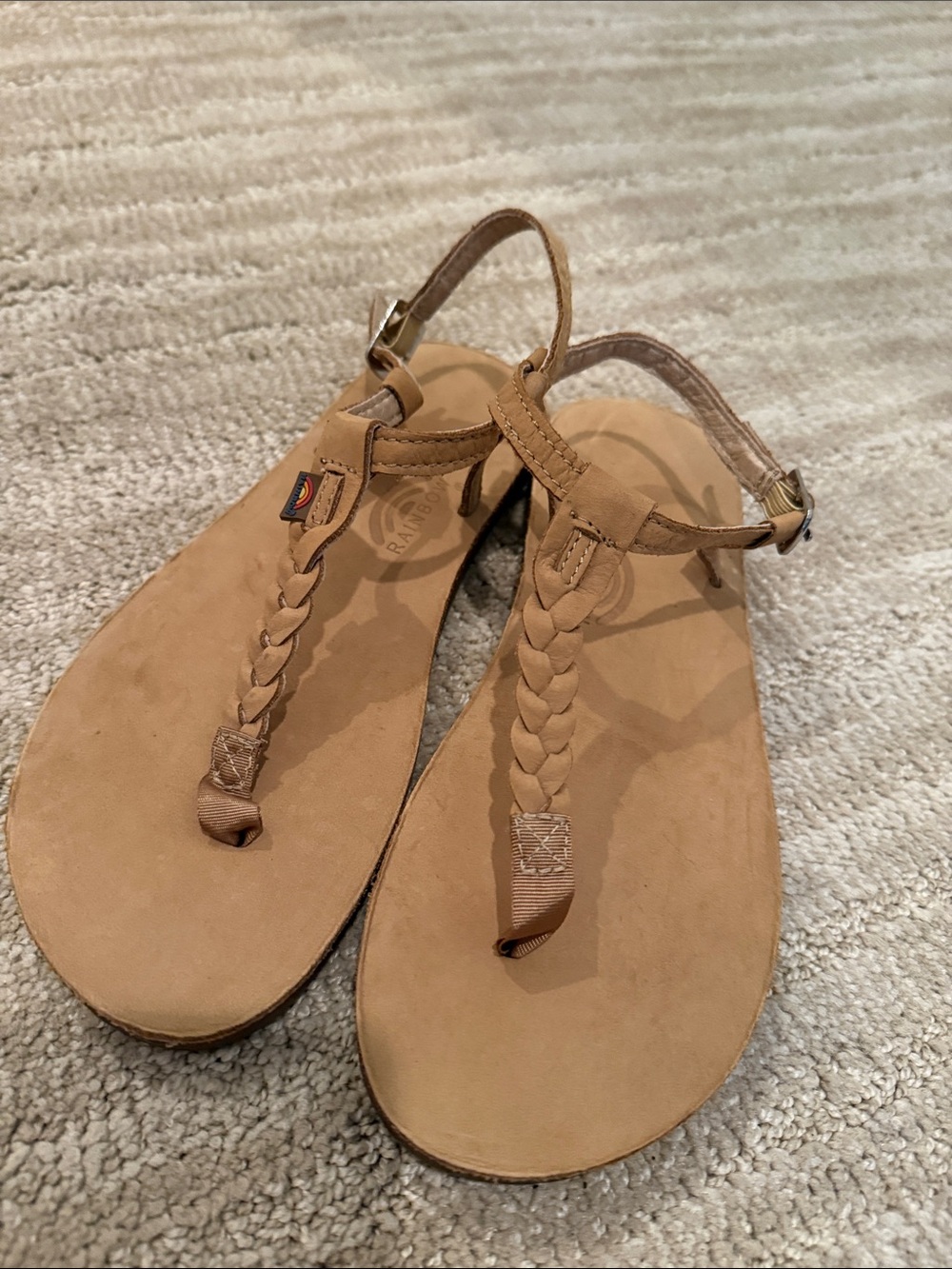 Rainbow Braided T-Strap Sandals in Tan